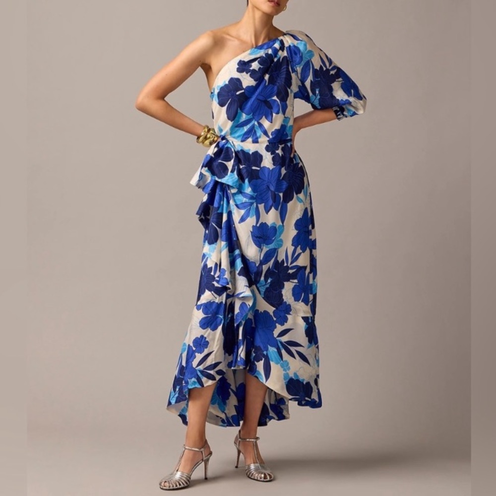 J CREW Collection Blue White Painted Floral One Shoulder Ruffle Bow Midi Dress